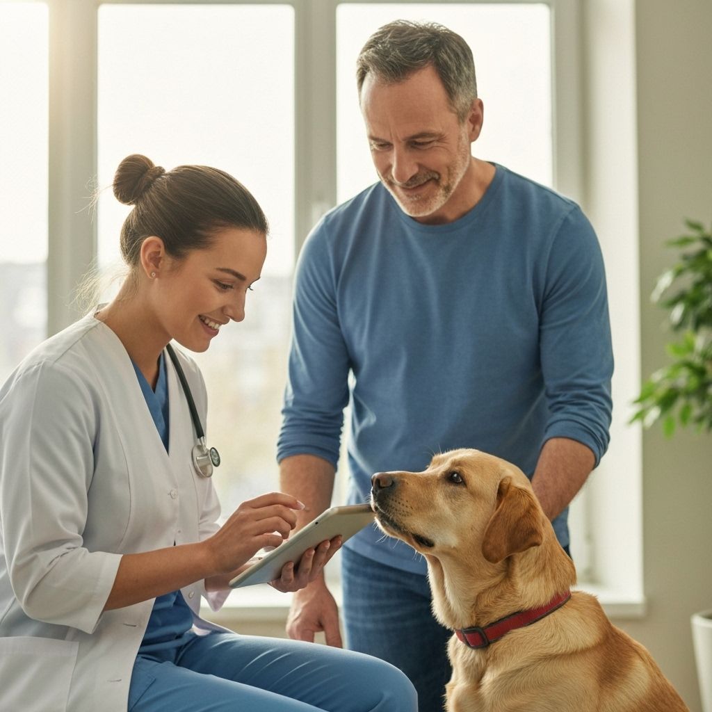 Veterinarian using tablet with pet owner and dog
